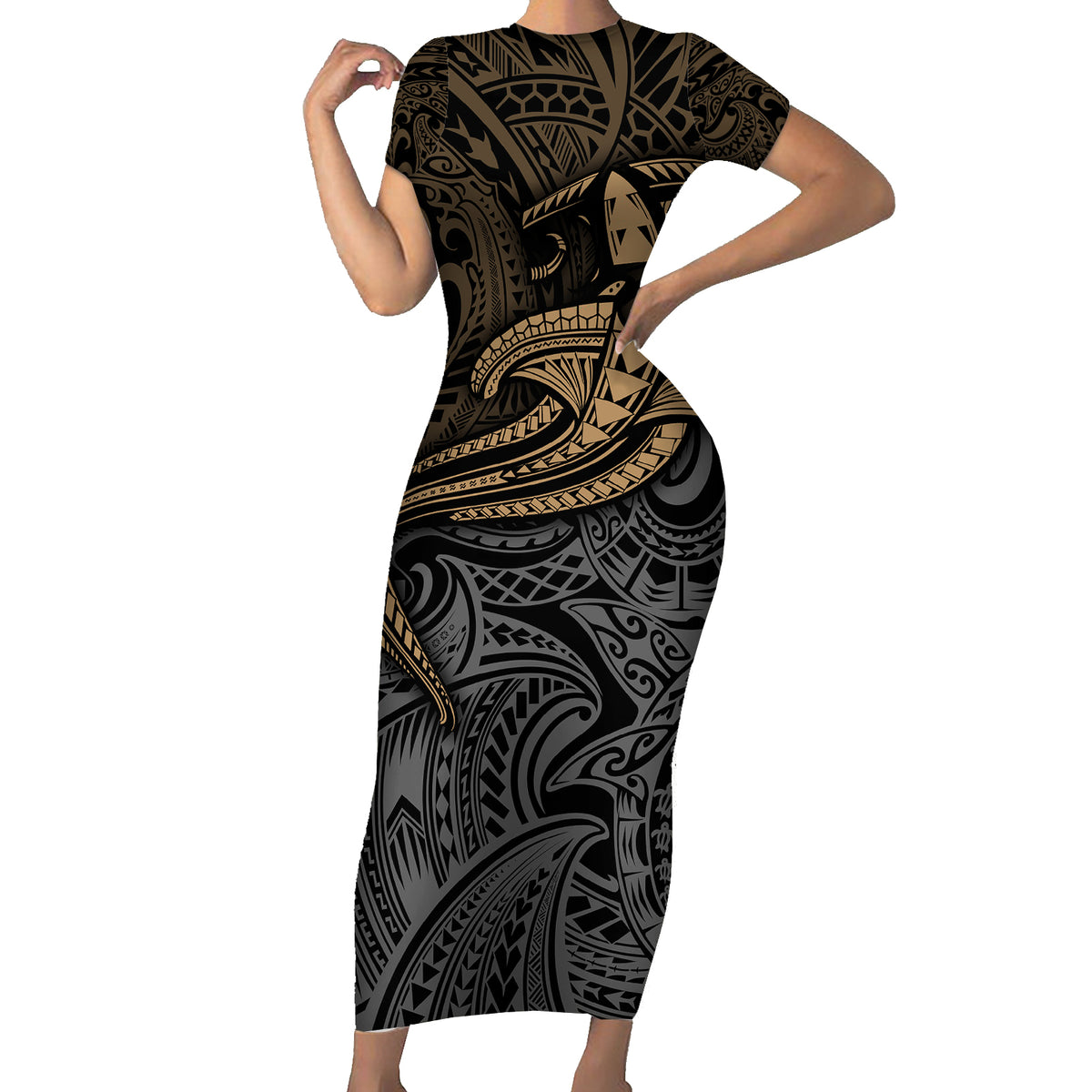 Polynesian Family Matching Short Sleeve Bodycon Dress and Hawaiian Shirt Hammerhead Shark Tribal Pattern TS04 Mom's Dress Black Yellow - Polynesian Pride
