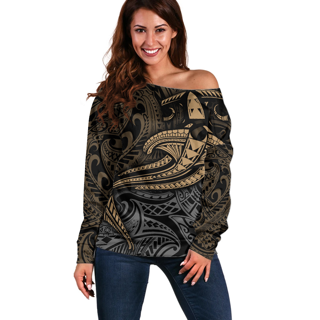 Polynesian Off Shoulder Sweater Hammerhead Shark Tribal Pattern TS04 Women Black/Yellow - Polynesian Pride