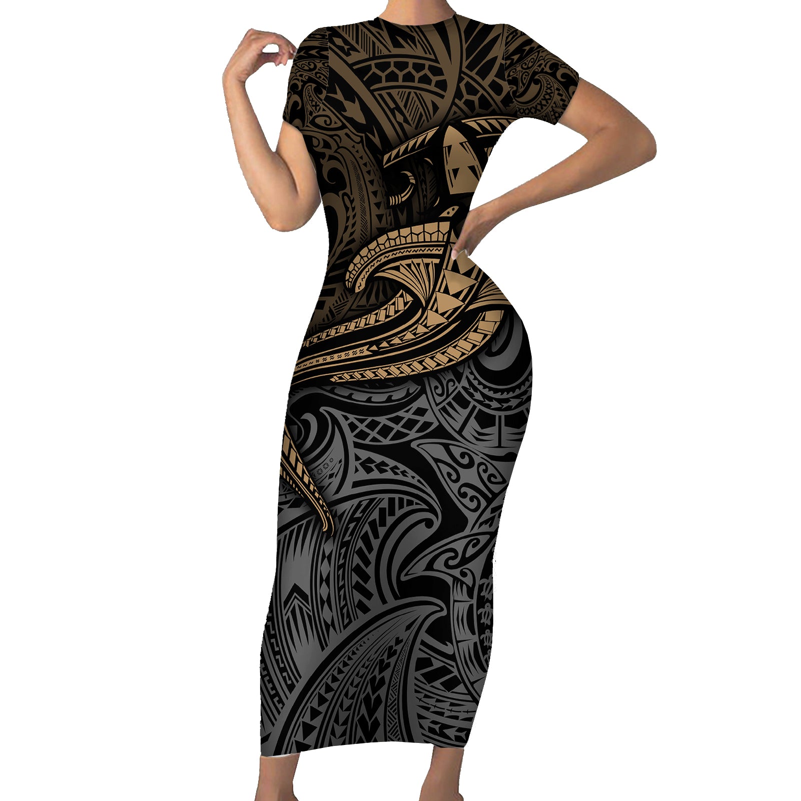 Polynesian Short Sleeve Bodycon Dress Hammerhead Shark Tribal Pattern TS04 Long Dress Black/Yellow - Polynesian Pride