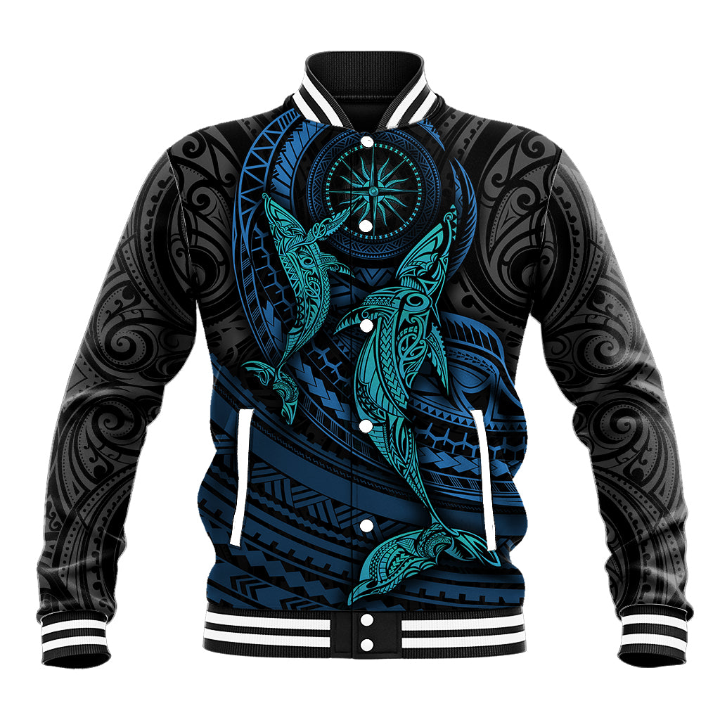 Polynesian Whale Baseball Jacket TS04 Unisex Black Cyan - Polynesian Pride