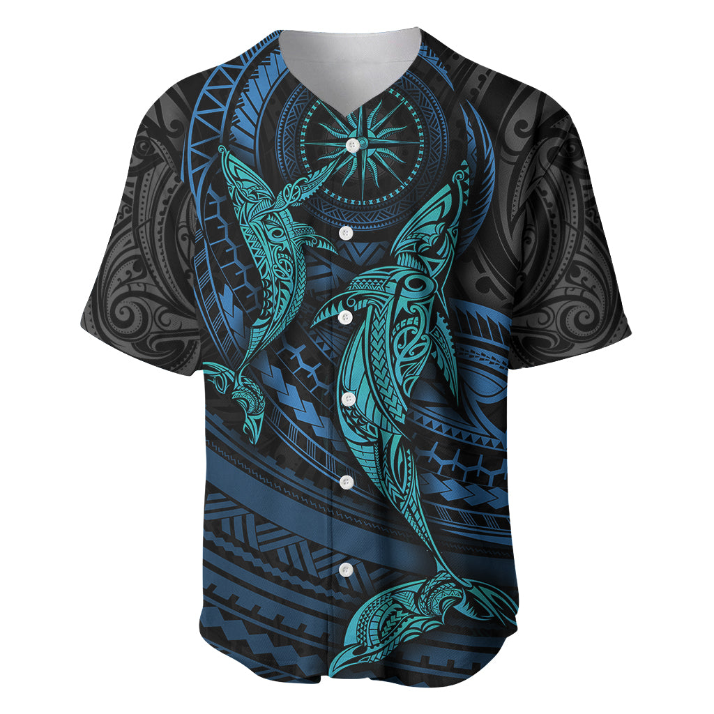 Polynesian Whale Baseball Jersey TS04 Black Cyan - Polynesian Pride