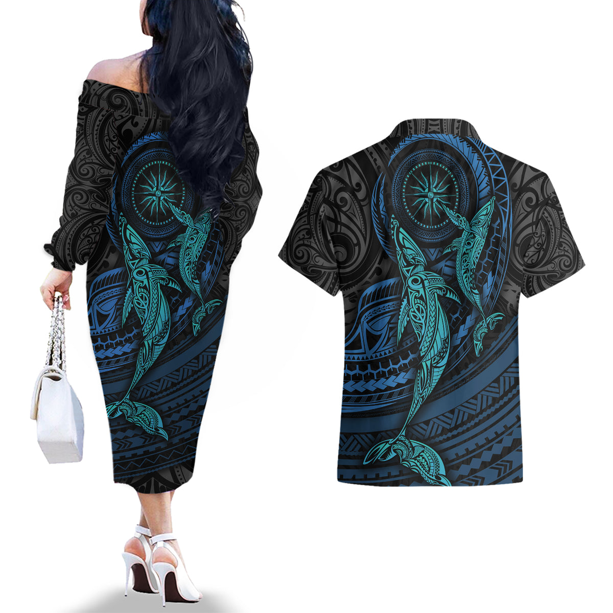 Polynesian Whale Couples Matching Off The Shoulder Long Sleeve Dress and Hawaiian Shirt TS04 - Polynesian Pride