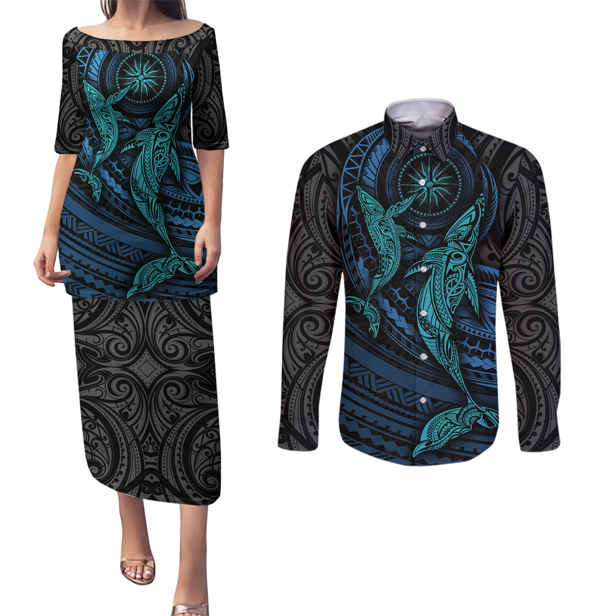 Polynesian Whale Couples Matching Puletasi Dress and Long Sleeve Button Shirts TS04 Black/Cyan - Polynesian Pride