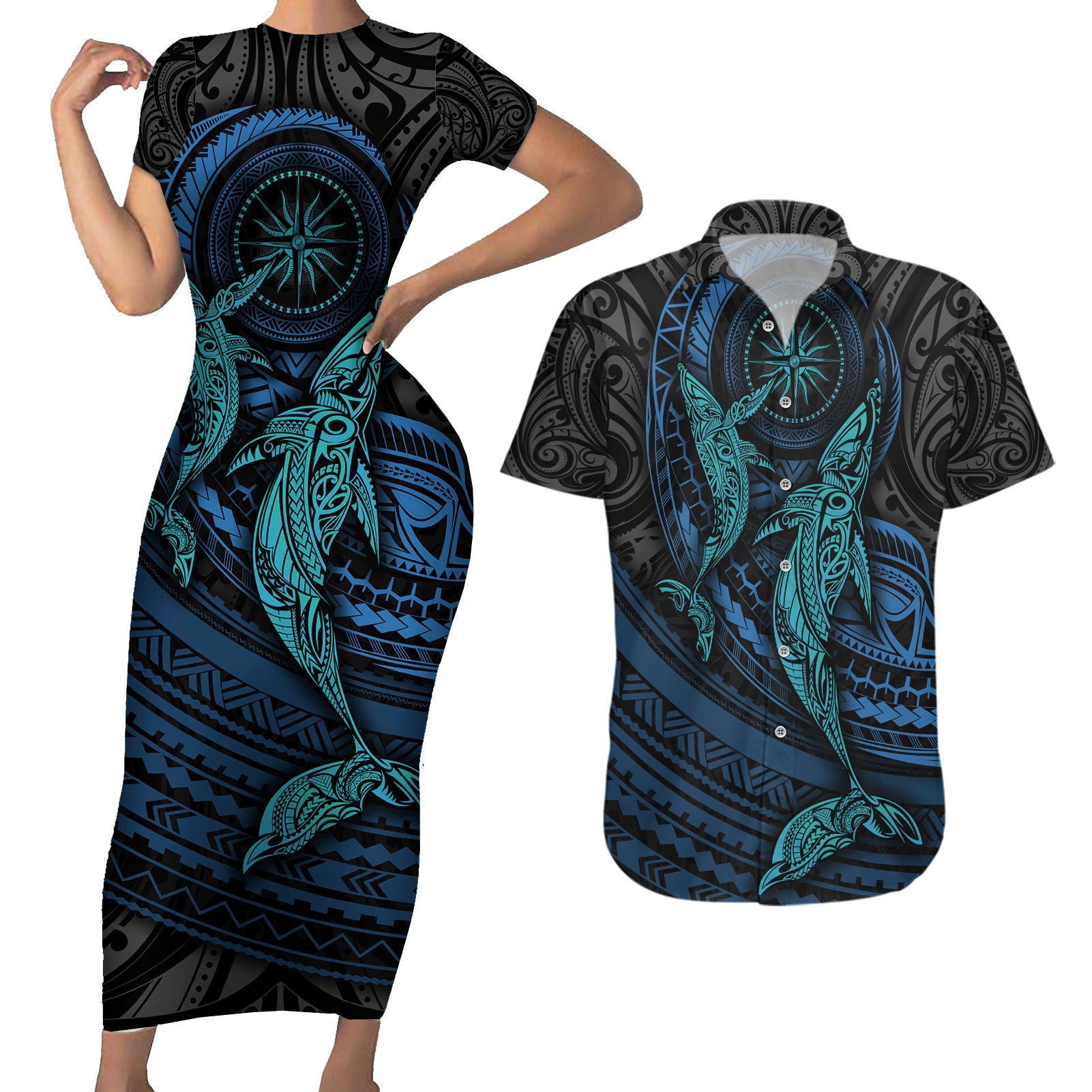 Polynesian Whale Couples Matching Short Sleeve Bodycon Dress and Hawaiian Shirt TS04 Black/Cyan - Polynesian Pride