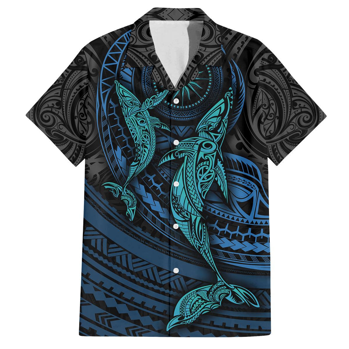 Polynesian Whale Family Matching Long Sleeve Bodycon Dress and Hawaiian Shirt TS04 Dad's Shirt - Short Sleeve Black Cyan - Polynesian Pride