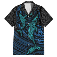 Polynesian Whale Family Matching Long Sleeve Bodycon Dress and Hawaiian Shirt TS04 Dad's Shirt - Short Sleeve Black Cyan - Polynesian Pride