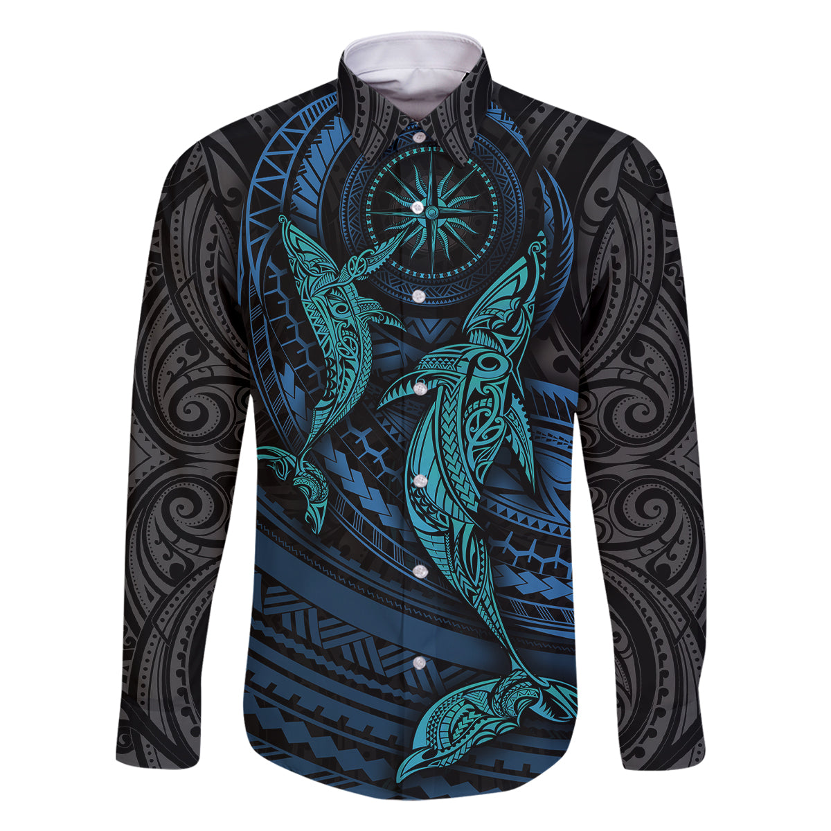 Polynesian Whale Family Matching Long Sleeve Bodycon Dress and Hawaiian Shirt TS04 Dad's Shirt - Long Sleeve Black Cyan - Polynesian Pride