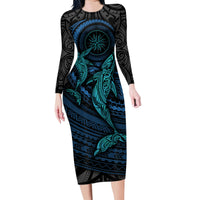 Polynesian Whale Family Matching Long Sleeve Bodycon Dress and Hawaiian Shirt TS04 Mom's Dress Black Cyan - Polynesian Pride