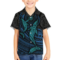Polynesian Whale Family Matching Long Sleeve Bodycon Dress and Hawaiian Shirt TS04 Son's Shirt Black Cyan - Polynesian Pride