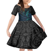 Polynesian Whale Family Matching Short Sleeve Bodycon Dress and Hawaiian Shirt TS04 Daughter's Dress Black Cyan - Polynesian Pride