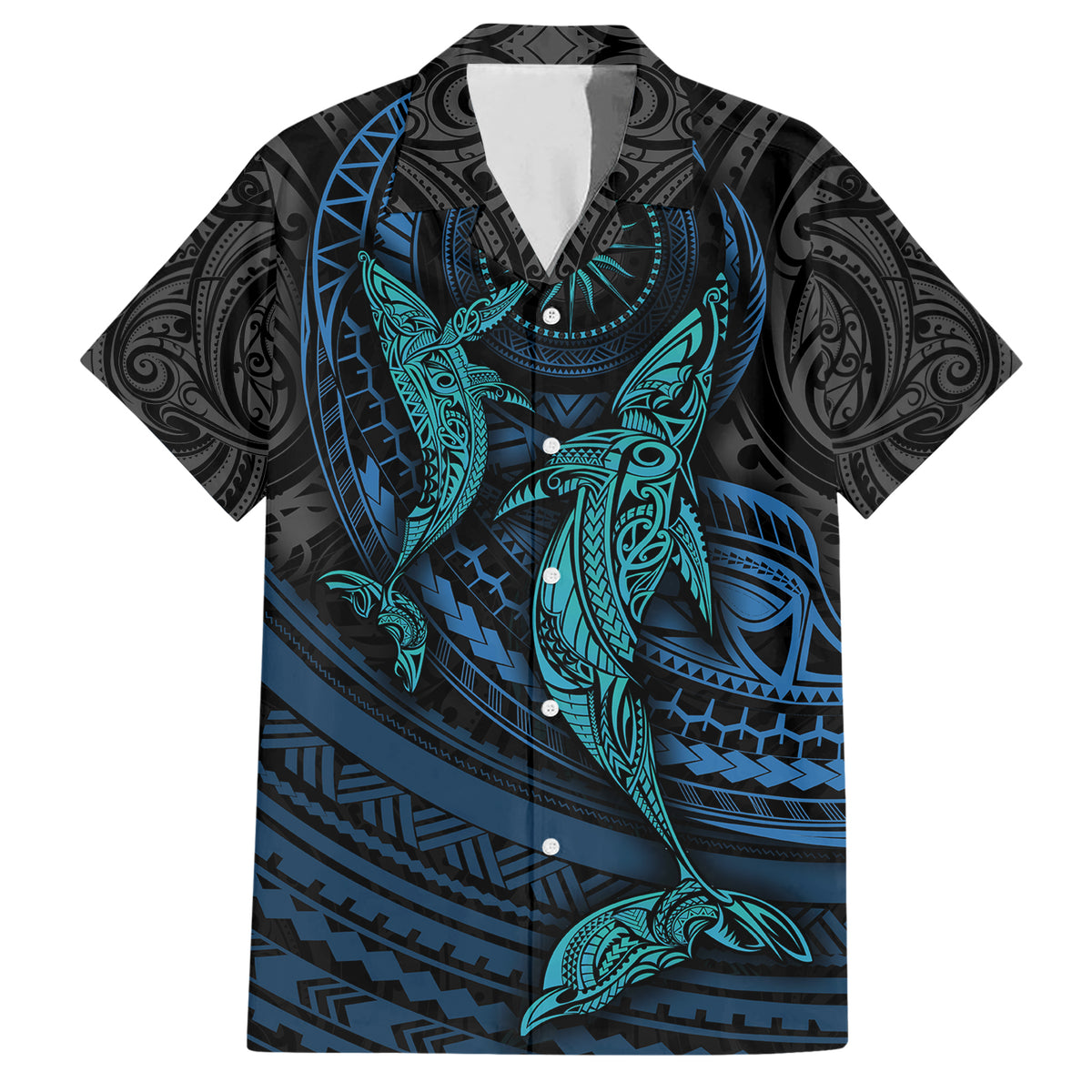 Polynesian Whale Family Matching Short Sleeve Bodycon Dress and Hawaiian Shirt TS04 Dad's Shirt - Short Sleeve Black Cyan - Polynesian Pride