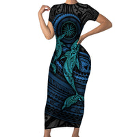 Polynesian Whale Family Matching Short Sleeve Bodycon Dress and Hawaiian Shirt TS04 Mom's Dress Black Cyan - Polynesian Pride