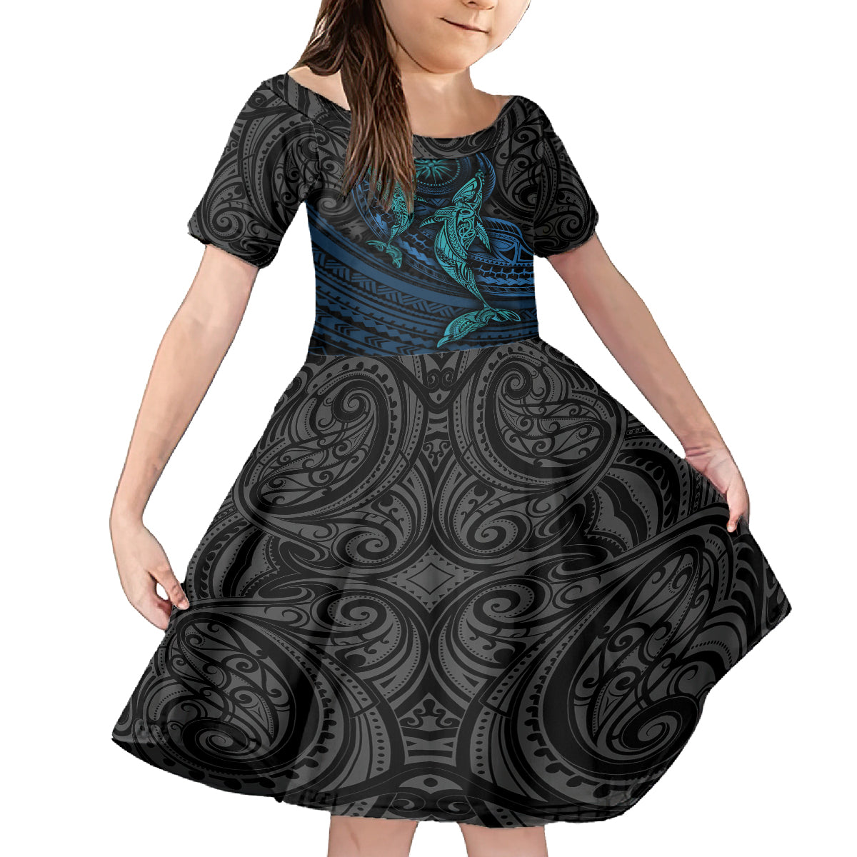 Polynesian Whale Kid Short Sleeve Dress TS04 KID Black/Cyan - Polynesian Pride