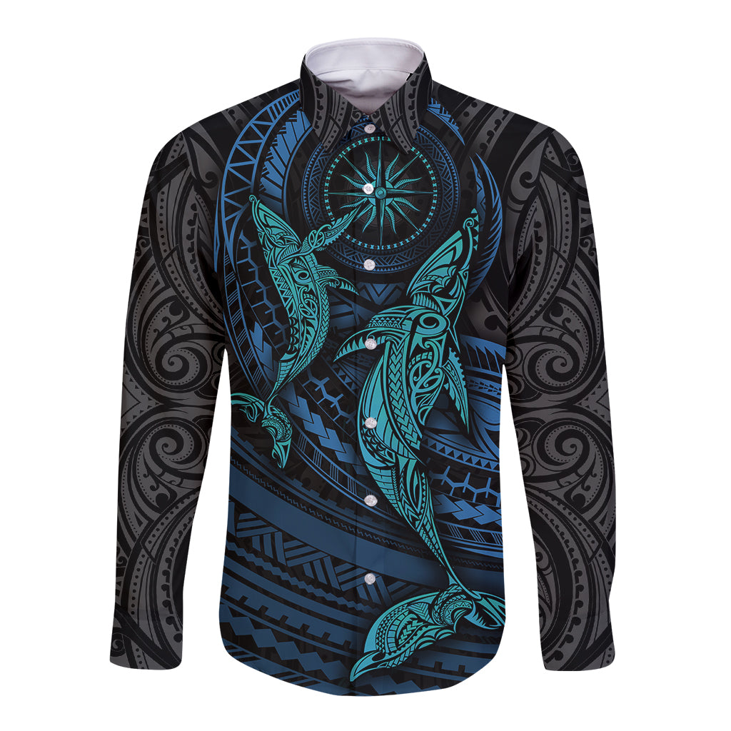 Polynesian Whale Long Sleeve Button Shirt TS04 Unisex Black/Cyan - Polynesian Pride