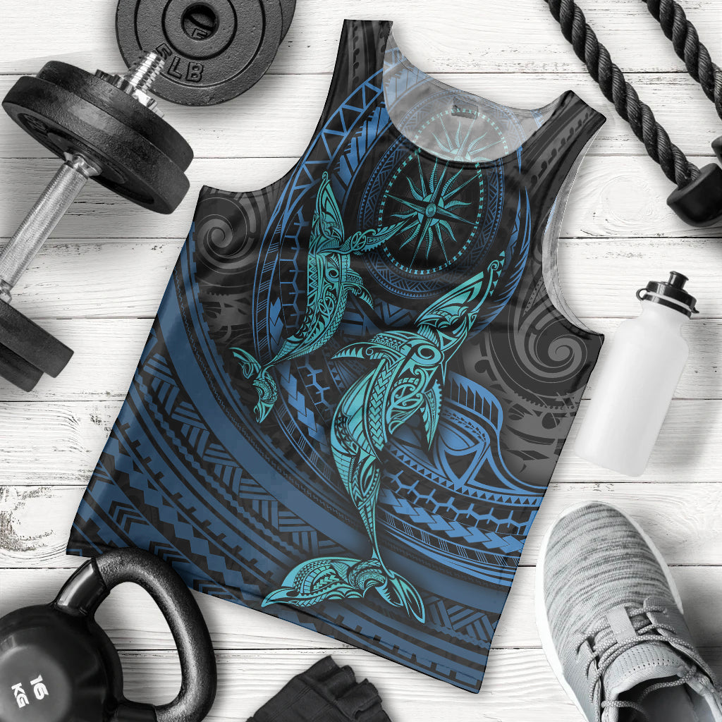 Polynesian Whale Men Tank Top TS04 Black Cyan - Polynesian Pride