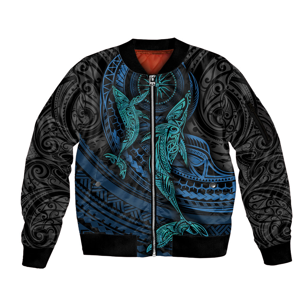 Polynesian Whale Sleeve Zip Bomber Jacket TS04 Unisex Black/Cyan - Polynesian Pride