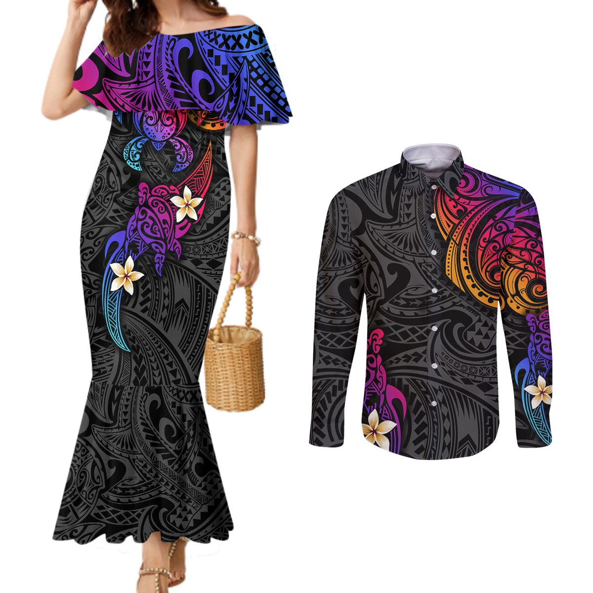 Turtle and Plumeria - Polynesian Couples Matching Mermaid Dress and Long Sleeve Button Shirts TS04 Gradient - Polynesian Pride
