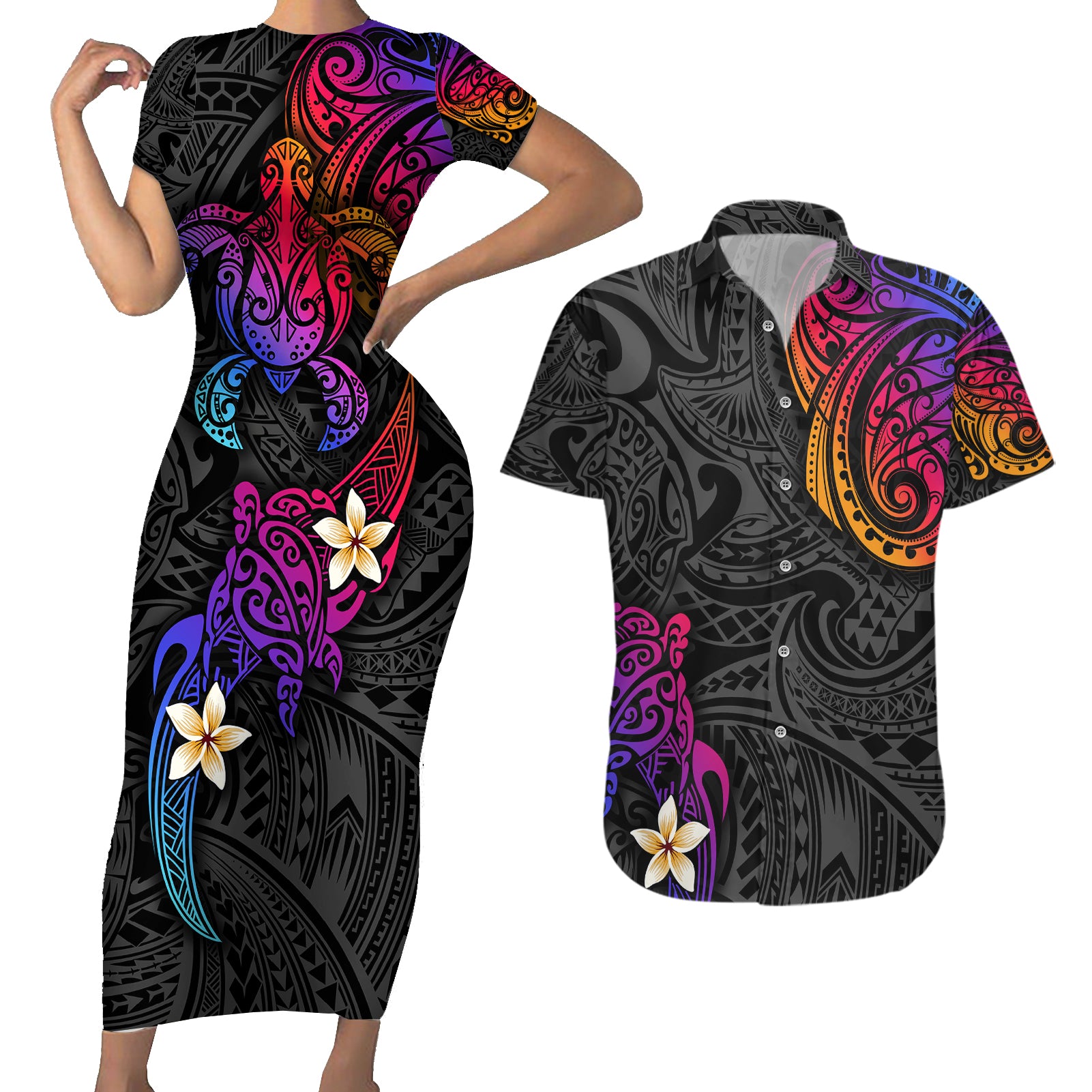 Turtle and Plumeria - Polynesian Couples Matching Short Sleeve Bodycon Dress and Hawaiian Shirt TS04 Gradient - Polynesian Pride