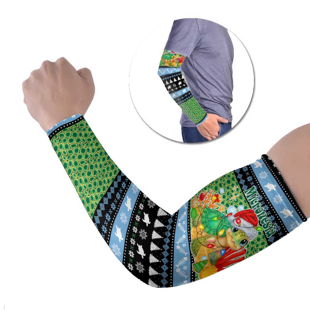 Micronesia Christmas Arm Sleeves with Santa Turtle Coral Reef and Holiday Ocean Pattern TS04 Set of 2 Black Green - Polynesian Pride