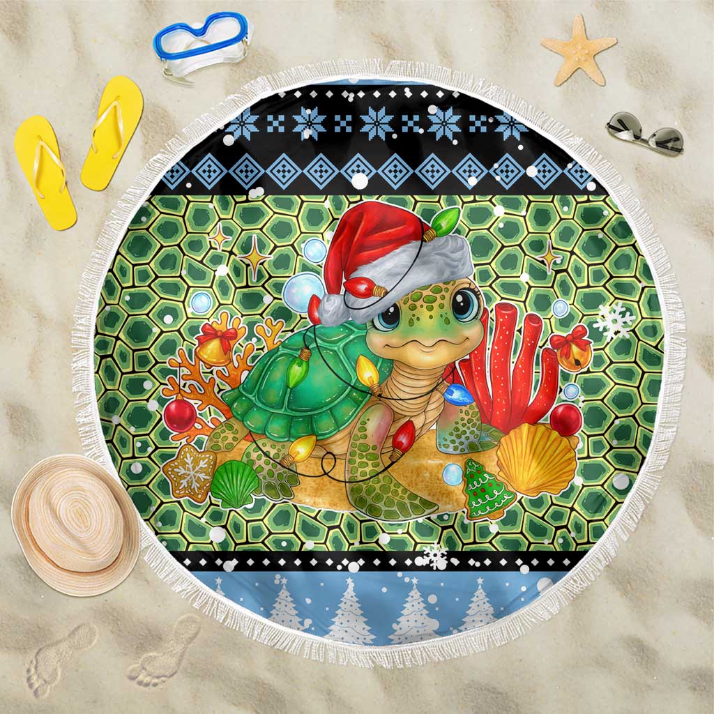 Micronesia Christmas Beach Blanket with Santa Turtle Coral Reef and Holiday Ocean Pattern TS04 One Size 150cm Black Green - Polynesian Pride