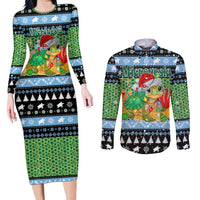 Micronesia Christmas Couples Matching Long Sleeve Bodycon Dress and Long Sleeve Button Shirt with Santa Turtle Coral Reef and Holiday Ocean Pattern TS04 Black Green - Polynesian Pride