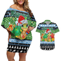 Micronesia Christmas Couples Matching Off Shoulder Short Dress and Hawaiian Shirt with Santa Turtle Coral Reef and Holiday Ocean Pattern - Polynesian Pride