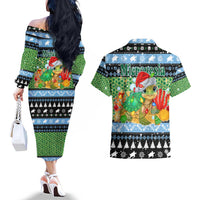 Micronesia Christmas Couples Matching Off The Shoulder Long Sleeve Dress and Hawaiian Shirt with Santa Turtle Coral Reef and Holiday Ocean Pattern - Polynesian Pride