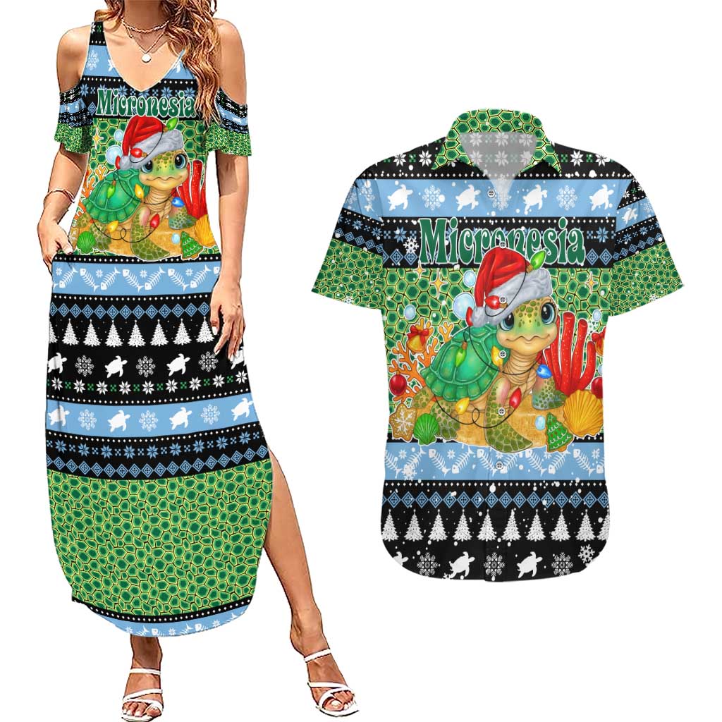 Micronesia Christmas Couples Matching Summer Maxi Dress and Hawaiian Shirt with Santa Turtle Coral Reef and Holiday Ocean Pattern TS04 Black Green - Polynesian Pride