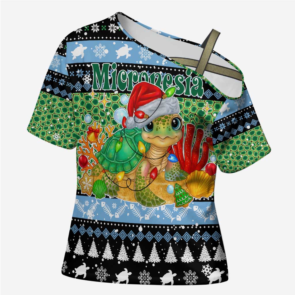 Micronesia Christmas Cross Shoulder Shirt with Santa Turtle Coral Reef and Holiday Ocean Pattern TS04 Female Black Green - Polynesian Pride