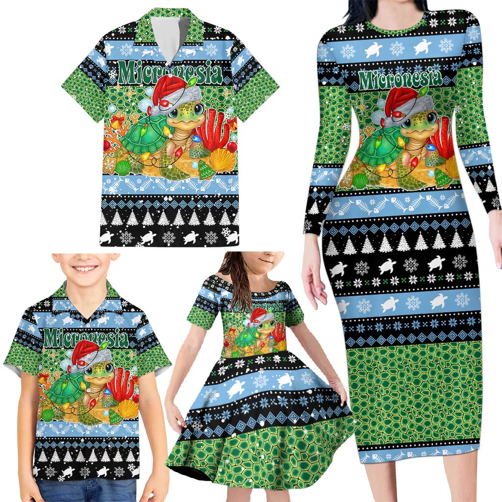 Micronesia Christmas Family Matching Long Sleeve Bodycon Dress and Hawaiian Shirt with Santa Turtle Coral Reef and Holiday Ocean Pattern - Polynesian Pride