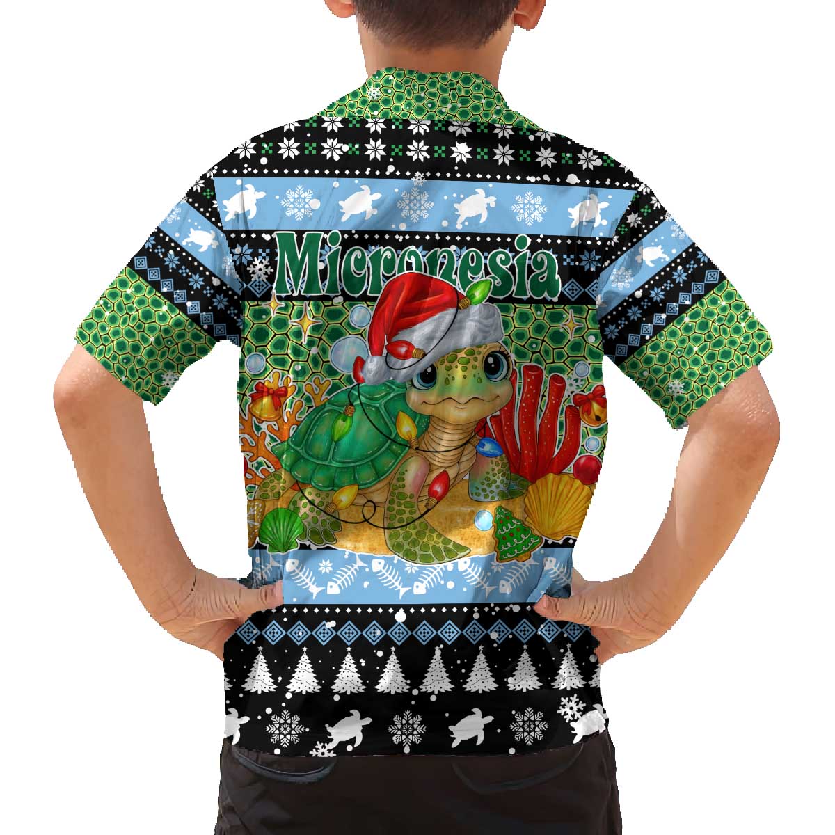 Micronesia Christmas Family Matching Off The Shoulder Long Sleeve Dress and Hawaiian Shirt with Santa Turtle Coral Reef and Holiday Ocean Pattern - Polynesian Pride
