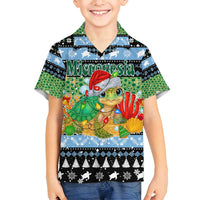 Micronesia Christmas Family Matching Puletasi and Hawaiian Shirt with Santa Turtle Coral Reef and Holiday Ocean Pattern TS04 Son's Shirt Black Green - Polynesian Pride