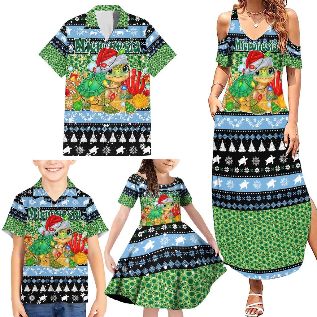 Micronesia Christmas Family Matching Summer Maxi Dress and Hawaiian Shirt with Santa Turtle Coral Reef and Holiday Ocean Pattern - Polynesian Pride