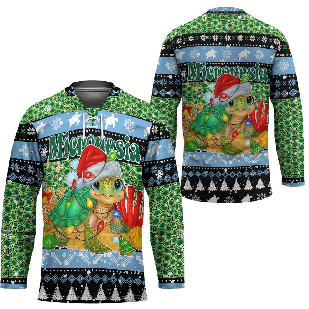 Micronesia Christmas Hockey Jersey with Santa Turtle Coral Reef and Holiday Ocean Pattern - Polynesian Pride