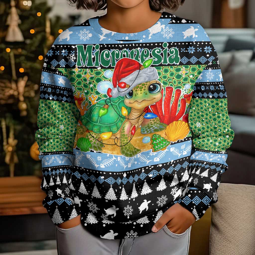 Micronesia Christmas Kid Ugly Christmas Sweater with Santa Turtle Coral Reef and Holiday Ocean Pattern - Polynesian Pride