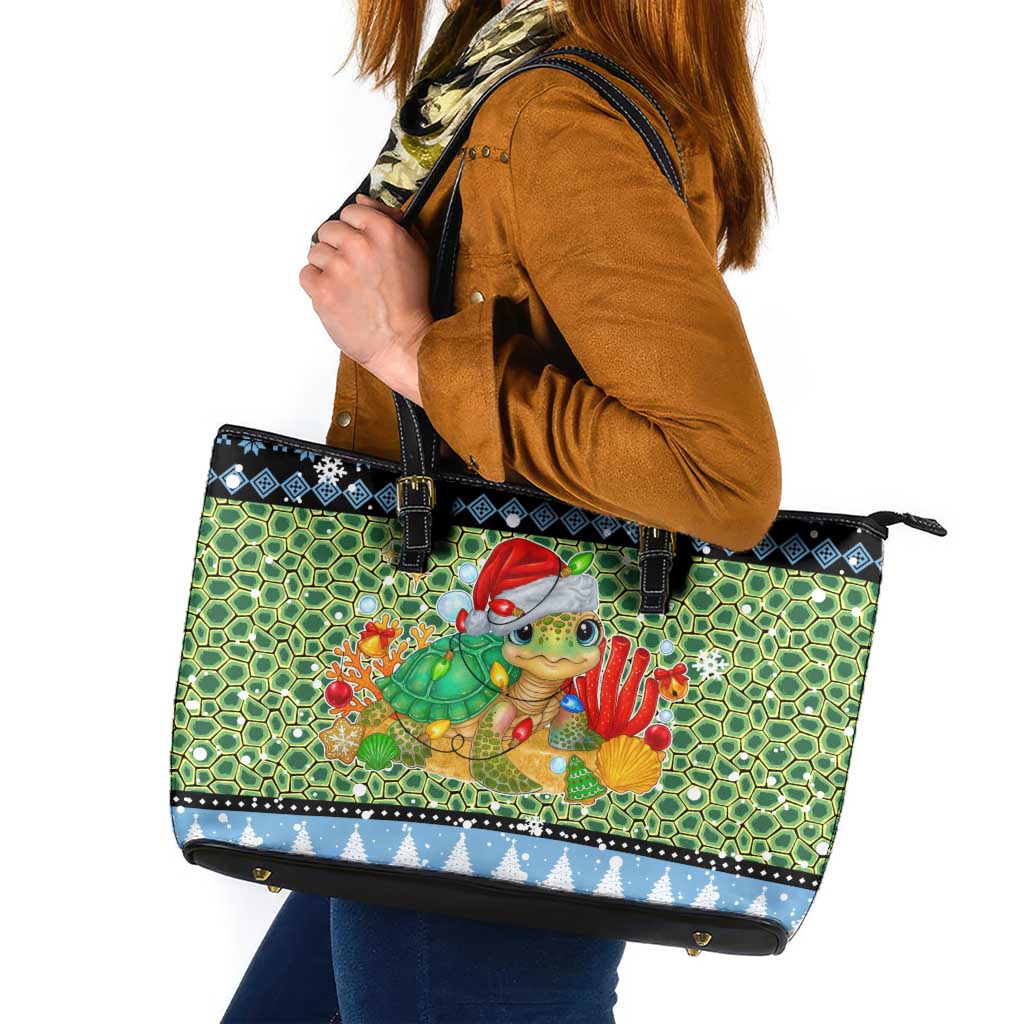 Micronesia Christmas Leather Tote Bag with Santa Turtle Coral Reef and Holiday Ocean Pattern TS04 Black Green - Polynesian Pride