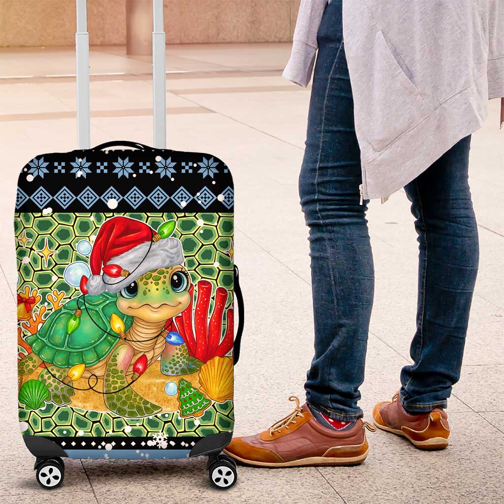 Micronesia Christmas Luggage Cover with Santa Turtle Coral Reef and Holiday Ocean Pattern TS04 Black Green - Polynesian Pride