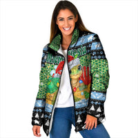 Micronesia Christmas Padded Jacket with Santa Turtle Coral Reef and Holiday Ocean Pattern TS04 Women Black Green - Polynesian Pride