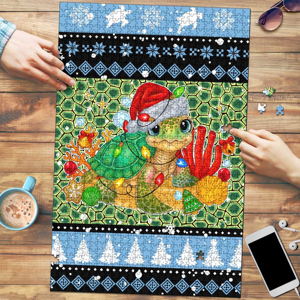 Micronesia Christmas Puzzle with Santa Turtle Coral Reef and Holiday Ocean Pattern TS04 Black Green - Polynesian Pride