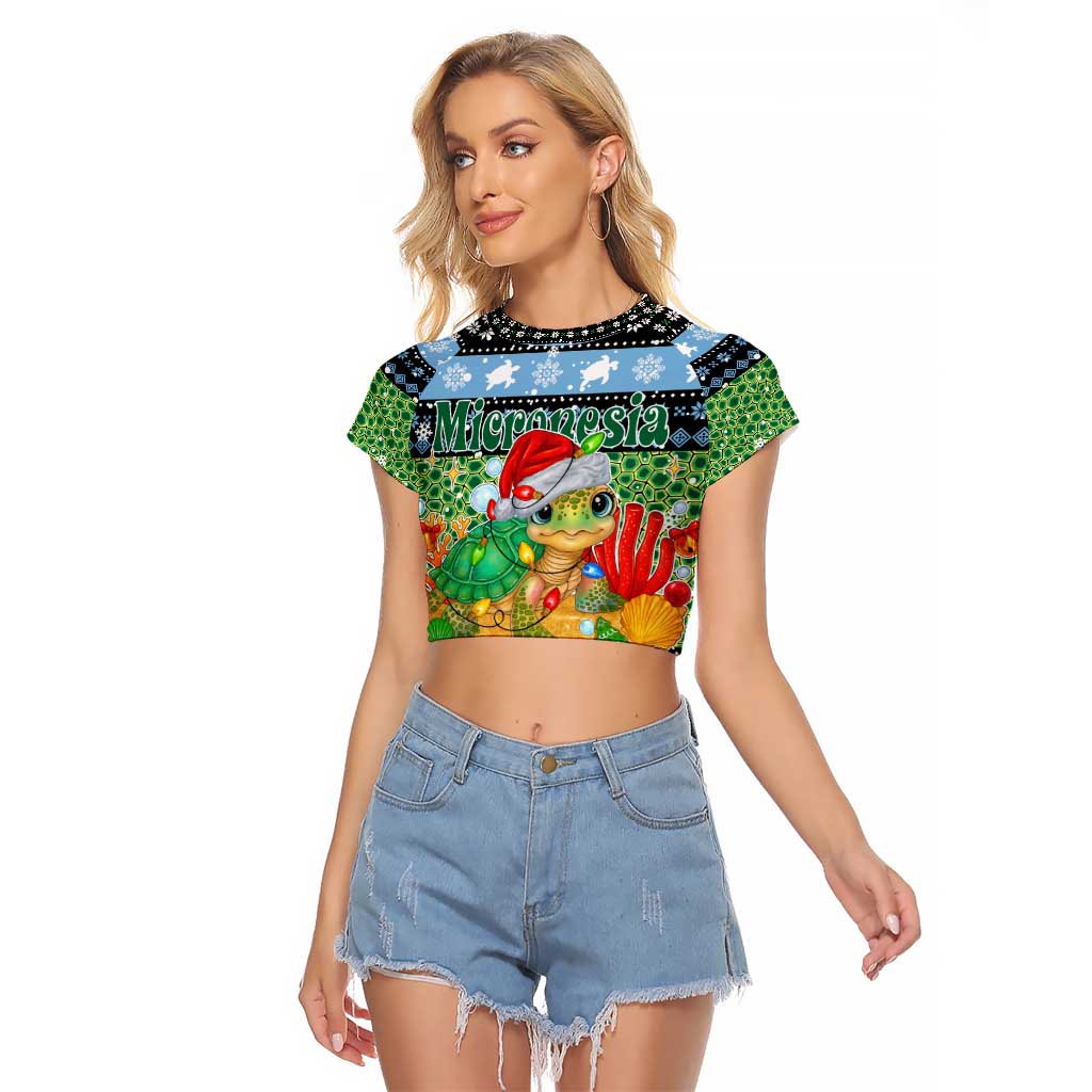 Micronesia Christmas Raglan Cropped T Shirt with Santa Turtle Coral Reef and Holiday Ocean Pattern TS04 Female Black Green - Polynesian Pride