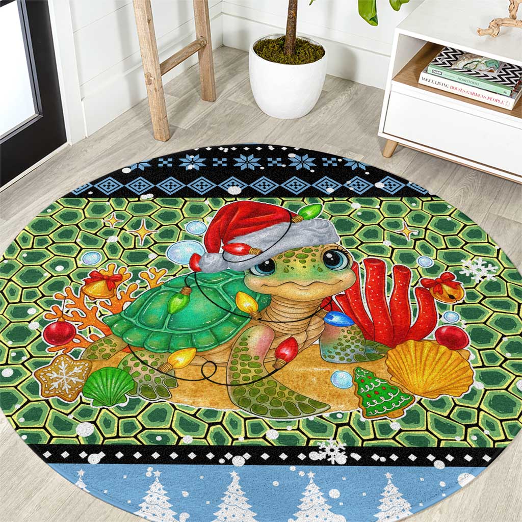Micronesia Christmas Round Carpet with Santa Turtle Coral Reef and Holiday Ocean Pattern TS04 Black Green - Polynesian Pride