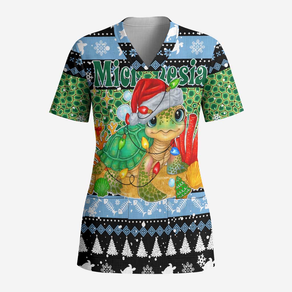 Micronesia Christmas Scrub Top with Santa Turtle Coral Reef and Holiday Ocean Pattern TS04 Adult Black Green - Polynesian Pride