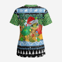 Micronesia Christmas Scrub Top with Santa Turtle Coral Reef and Holiday Ocean Pattern TS04 - Polynesian Pride