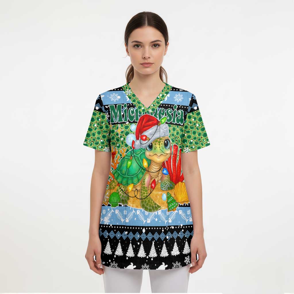 Micronesia Christmas Scrub Top with Santa Turtle Coral Reef and Holiday Ocean Pattern TS04 - Polynesian Pride