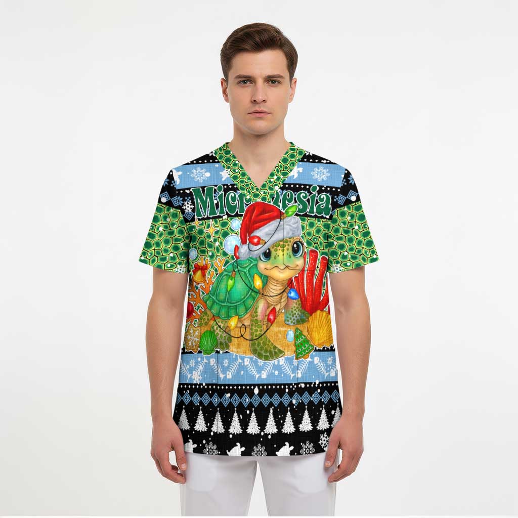 Micronesia Christmas Scrub Top with Santa Turtle Coral Reef and Holiday Ocean Pattern TS04 - Polynesian Pride