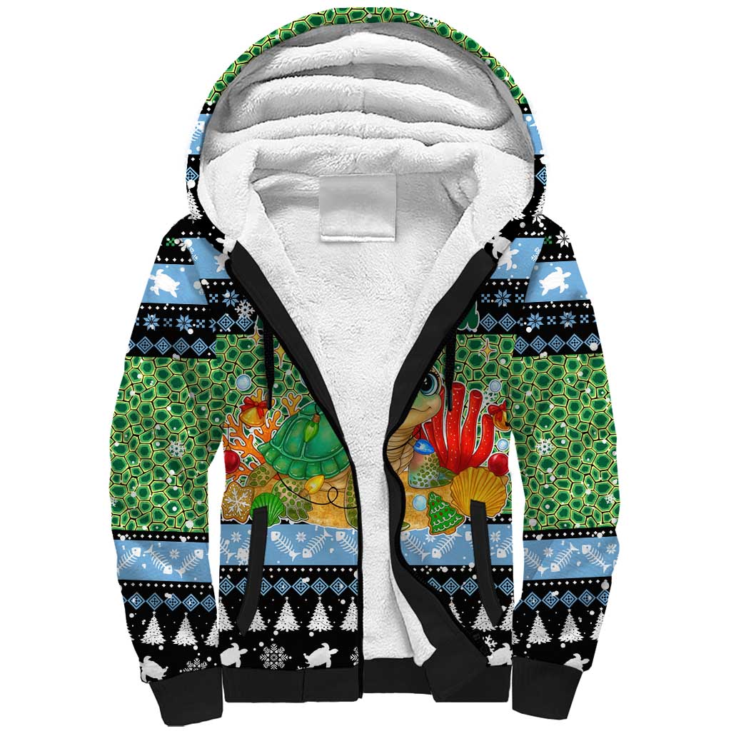 Micronesia Christmas Sherpa Hoodie with Santa Turtle Coral Reef and Holiday Ocean Pattern - Polynesian Pride