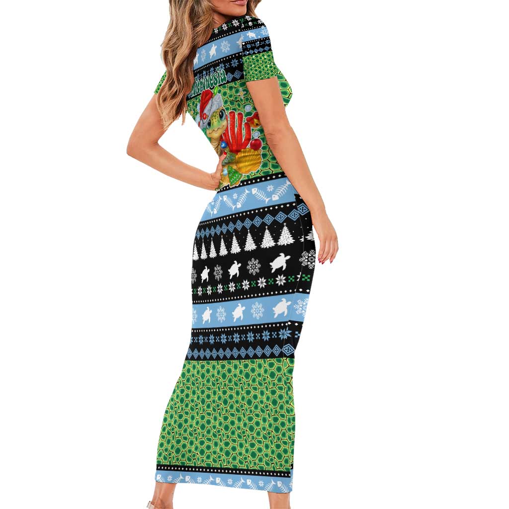 Micronesia Christmas Short Sleeve Bodycon Dress with Santa Turtle Coral Reef and Holiday Ocean Pattern - Polynesian Pride