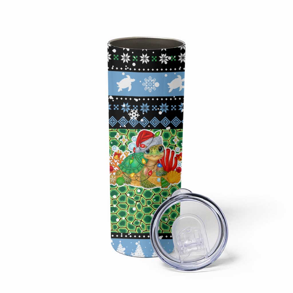 Micronesia Christmas Skinny Tumbler with Santa Turtle Coral Reef and Holiday Ocean Pattern - Polynesian Pride