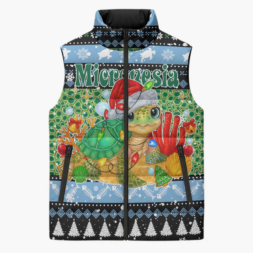Micronesia Christmas Sleeveless Puffer Jacket with Santa Turtle Coral Reef and Holiday Ocean Pattern TS04 Unisex Black Green - Polynesian Pride
