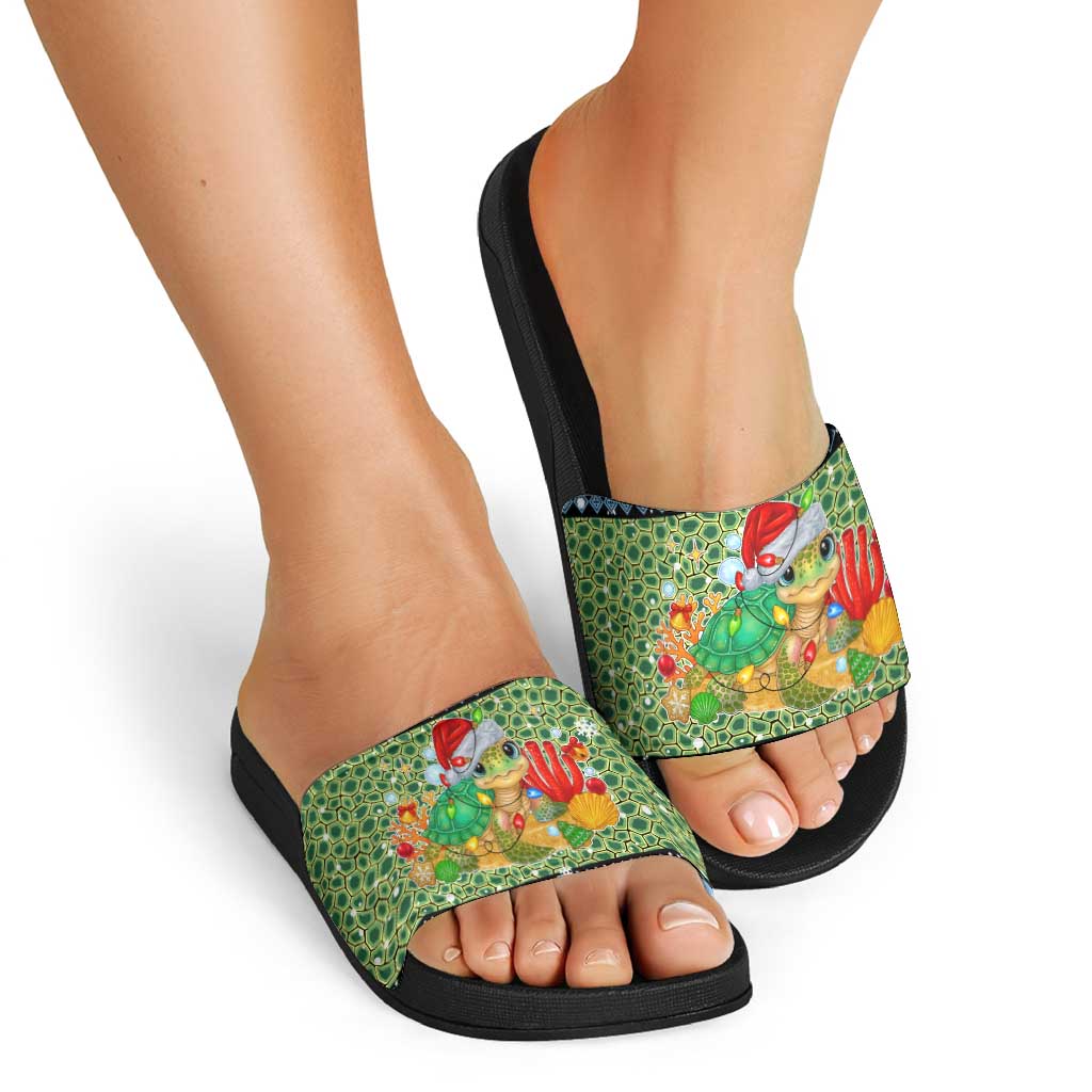 Micronesia Christmas Slide Sandals with Santa Turtle Coral Reef and Holiday Ocean Pattern TS04 - Polynesian Pride